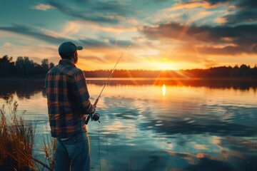 Young man fishing on a lake at sunset and enjoying hobby