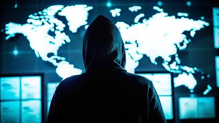 Tech-savvy Hacker with Complex Data Screens – Hacker in a hoodie analyzing data on multiple monitors with a world map overlay.
