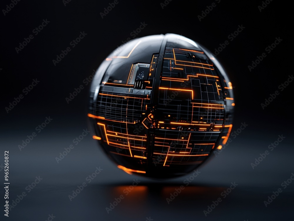 Poster Dyson sphere utilizing advanced technology, Futuristic sphere with glowing orange lines and intricate digital patterns on a dark background, perfect for tech and innovation themes.