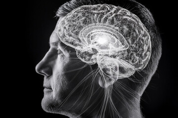X-ray of the brain and the nerve endings extending from it inside the man's head