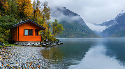 Fototapeta premium Cabin by the Lake with Mountain View and Fog