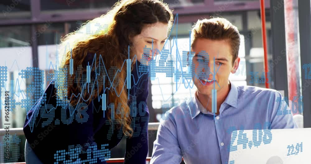 Poster animation of data processing over caucasian colleagues talking in office