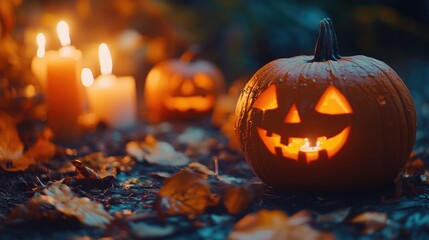 Halloween Pumpkins And Candles On Wooden.
