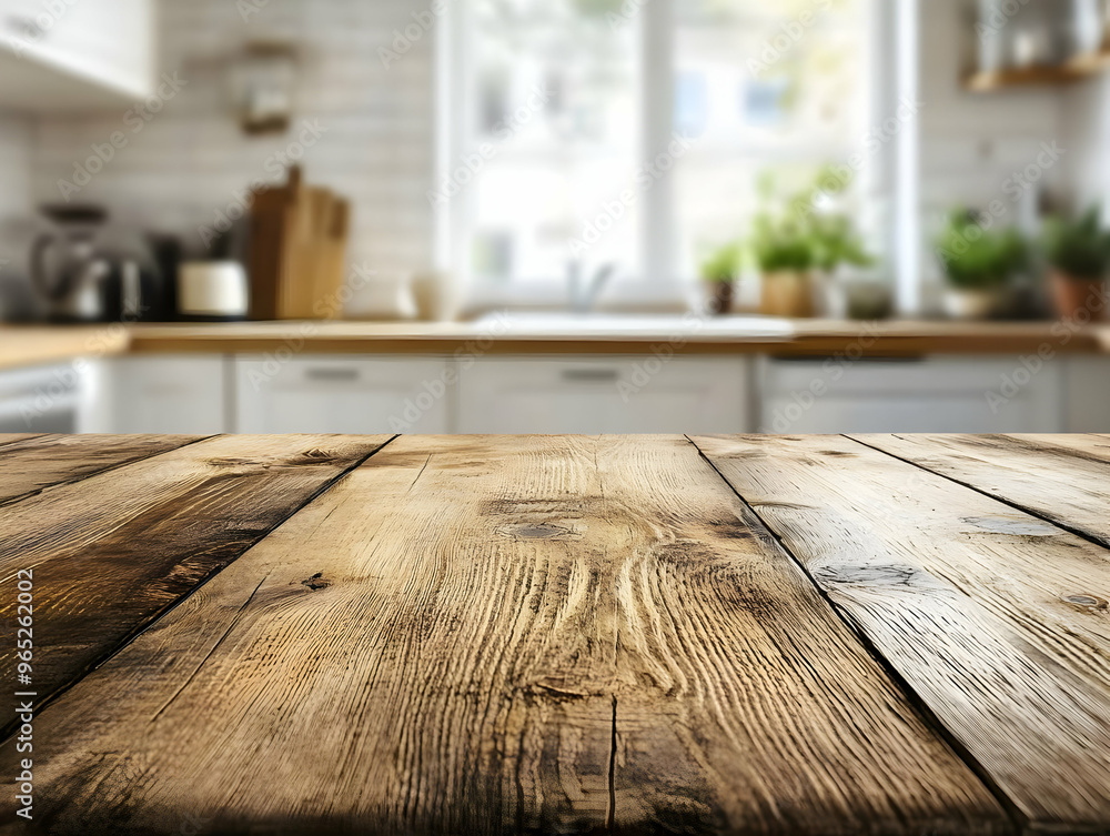 Poster empty wooden table background with blurred kitchen backdrop for displaying products