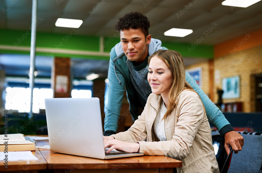 Poster students, man and woman with laptop, education and library with notes for learning, development and 