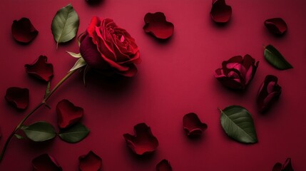 Romantic red rose scattered petals on dark background
