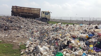 A landfill site overflowing with plastic waste and trash highlighting environmental pollution challenges and the urgent need for waste management solutions