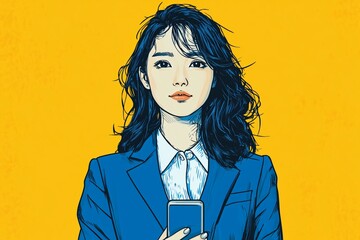 Potrait of an asian beautiful businesswoman wear blue suit, holding smartphone, hand drawn illustration, yellow background, copy space