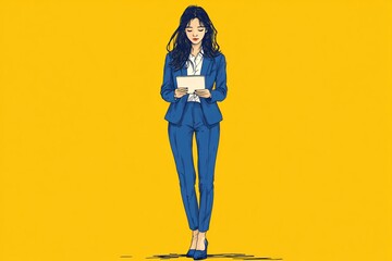 Full-body of an asian beautiful businesswoman wear blue suit standing, working with tablet, hand drawn illustration, yellow background, copy space