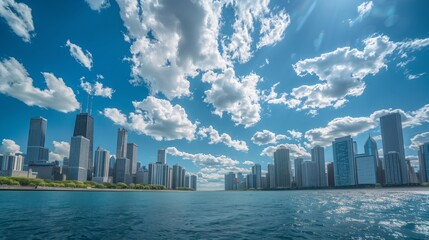 Obraz premium Stunning Urban Skyline with Waterfront View on a Bright, Cloudy Day. Perfect for Travel and Architecture Enthusiasts.