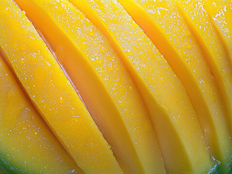 Close up shot of yellow juicy mango silce. Created with Ai
