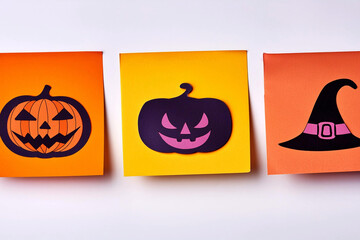 collage cut-out composicion divertida elementos halloween sobre notas coloridas pegajosas sticky notes 