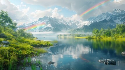 Naklejka premium Landscape with Rainbow 8K Realistic Lighting Highly Detailed