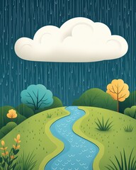 Stormwater rushing through drains, torrential downpour, flat design illustration