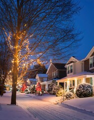  Snow dusted neighborhood glows with warm shimmering Christmas holiday lights