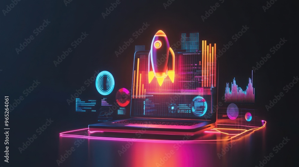 Poster laptop with rocket and data visualization