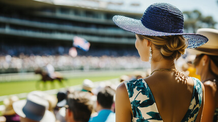 Obraz premium Melbourne Cup celebration, crowd of spectators cheering in the stands, women wearing elegant dresses and big hats, while race horses gallop on the track, Ai generated images