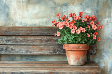 Rustic garden bench with a clay pot of blooming geraniums in a sunny yard