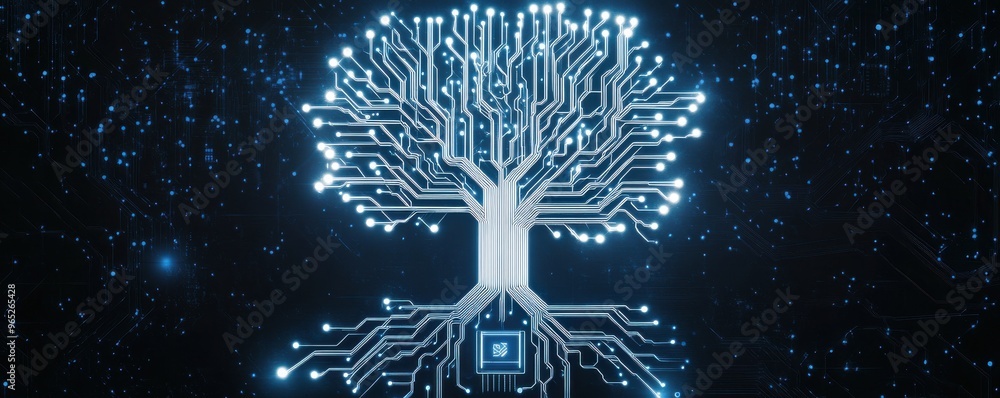 Poster futuristic circuit board tree with interconnected digital branches depicting technological growth an
