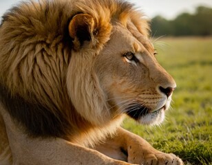 A lion is laying down in a grassy field