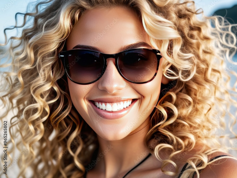 Wall mural A woman with curly hair is smiling and wearing sunglasses