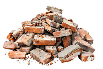 Pile of broken bricks with dust isolated on a transparent background.