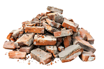 Pile of broken bricks with dust isolated on a transparent background.