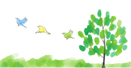 絵本　大きな木と、羽ばたく小鳥の手書きイラスト　カラフルな小鳥　木　草　草原　林　森　公園　手描き　白背景　ラフ　ざっくり　季節　夏　春　爽やか　おしゃれ　かわいい　ほっこり