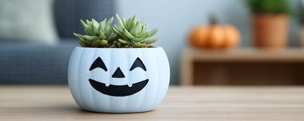 A cheerful Halloween-themed succulent planter with a smiling jack-o'-lantern design, perfect for festive autumn decor.
