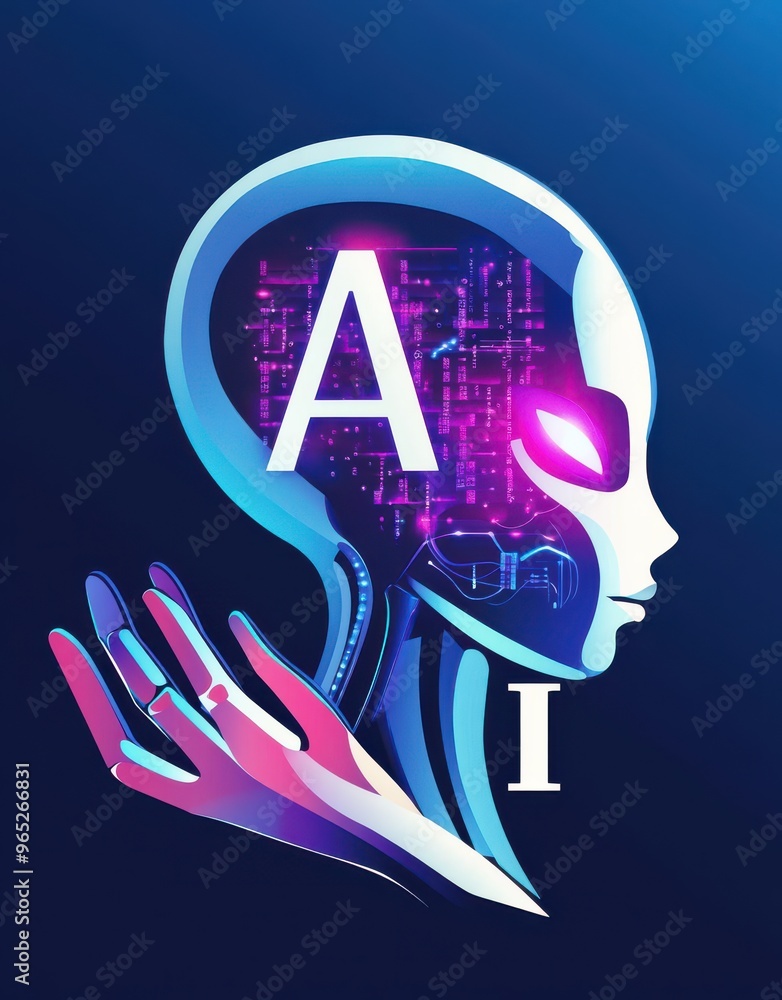 Poster digital ai robot head with glowing neon pink ai text and futuristic technological design
