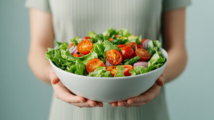 A fresh and colorful salad served in a white bowl, showcasing vibrant greens and ripe tomatoes held by a person.