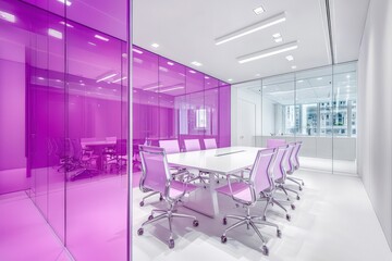 Paris-inspired workspace with light purple glass walls and a modern white conference zone.