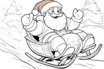 A cartoon of Santa Claus riding a sled down a snowy hill. The scene is cheerful and festive, with the bright colors and the happy expression on Santa's face. The image captures the joy