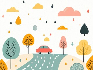 A whimsical illustration of a car driving along a winding road, surrounded by colorful trees and playful clouds, perfect for travel themes.