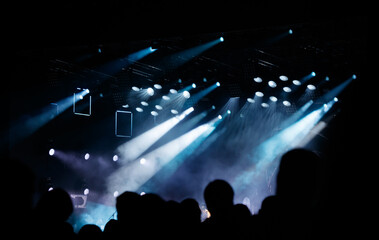 Silhouettes of spectators against a background of blue light at a concert