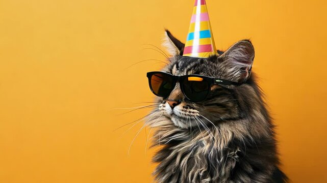 A cat in a birthday hat on a yellow background and a copy space