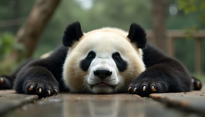 Fototapeta premium Resting Giant Panda Close-Up on Wooden Deck
