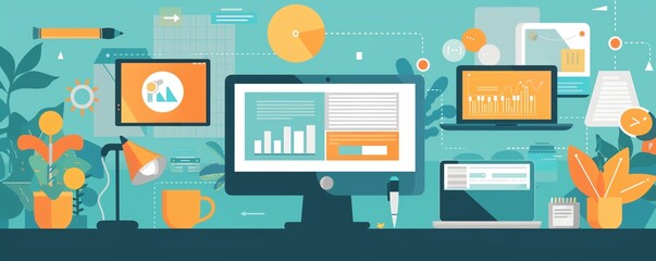 Remote work with technology, seamless workflow, flat design illustration