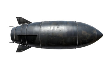 Black bomb with pointed nose and fins isolated on a transparent background.