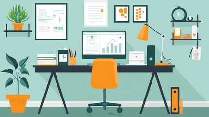 Remote work desk setup, ergonomic design, flat design illustration
