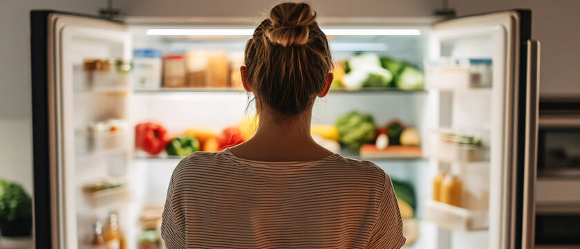 A woman looking into an organized fridge filled with fresh vegetables and groceries, highlighting healthy food choices and lifestyle.