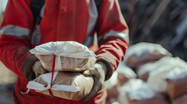 Humanitarian worker distributing food packages during crisis relief efforts in local community