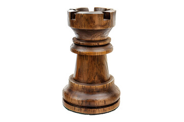 Wooden chess rook piece standing upright isolated on a transparent background.