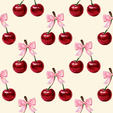 seamless pattern with cherry and bow pink ribbon vintage hand drawn