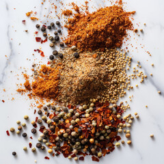 An assortment of colorful spices on a marble countertop displayed for culinary creativity