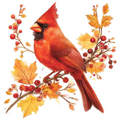 Beautiful red bird with autumn leaves, watercolor illustration png 