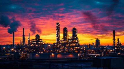 Fototapeta premium A large industrial complex with tall towers and pipes silhouetted against a vibrant orange and pink sunset. The complex is lit up with many bright lights, and smoke rises from the chimneys.
