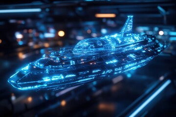 A realistic 3D hologram of a spaceship simulation, floating in mid-air with detailed textures and interactive elements. 