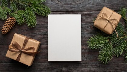 Greeting card mockup with christmas gift boxes and fir tree branches on dark wooden background 