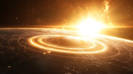 Dynamic orbital rings around a glowing Earth, radiant Sun illuminating from behind Earth  Sun  Orbit, orbital elegance